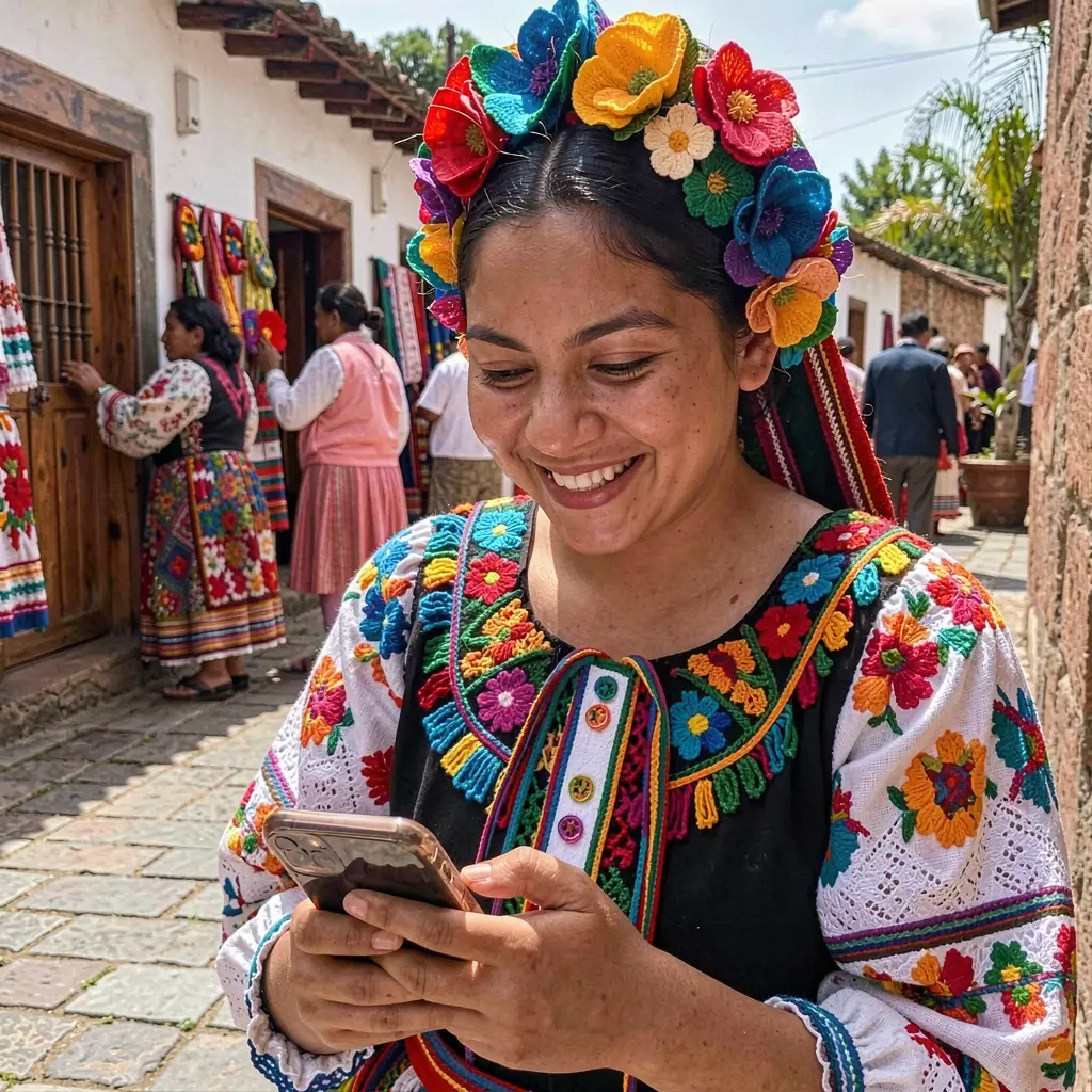 MXG 77 App – Enjoy a smooth and engaging casino experience on mobile in Mexico Stylish Mexican woman smiling while using the MXG 77 casino app on her smartphone with colorful cultural elements behind her