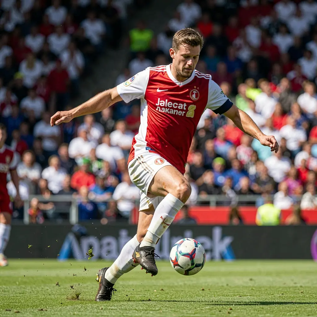 MXG 77 – Join the excitement of live football betting in Mexico Focused soccer player controlling the ball during a high intensity match with packed stadium stands showcasing the excitement of live football betting on MXG 77 in Mexico