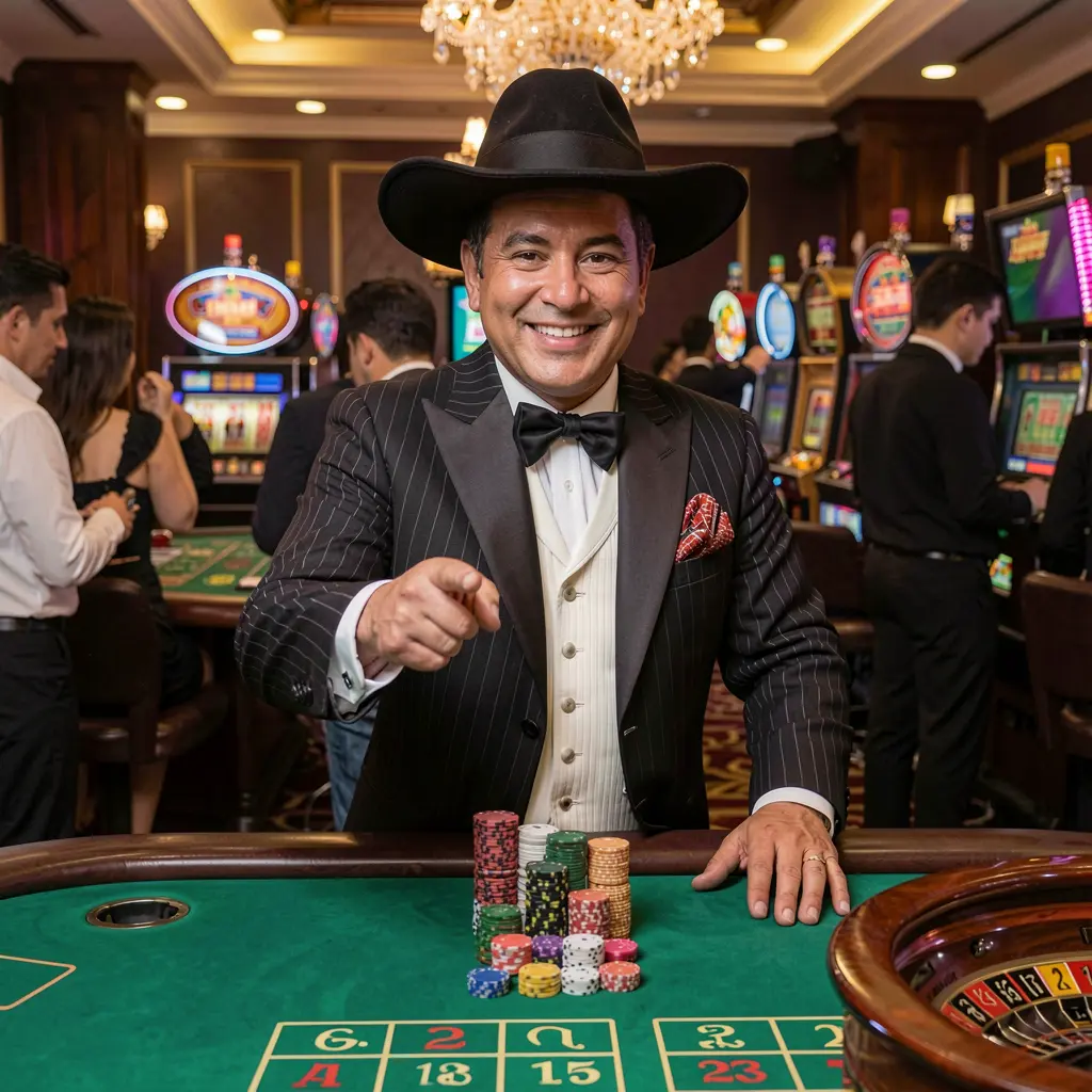 MXG 77 Login – Enter the exciting world of online casino games in Mexico Friendly Mexican casino dealer pointing forward inside a luxurious MXG 77 casino environment with slot machines and roulette tables behind him